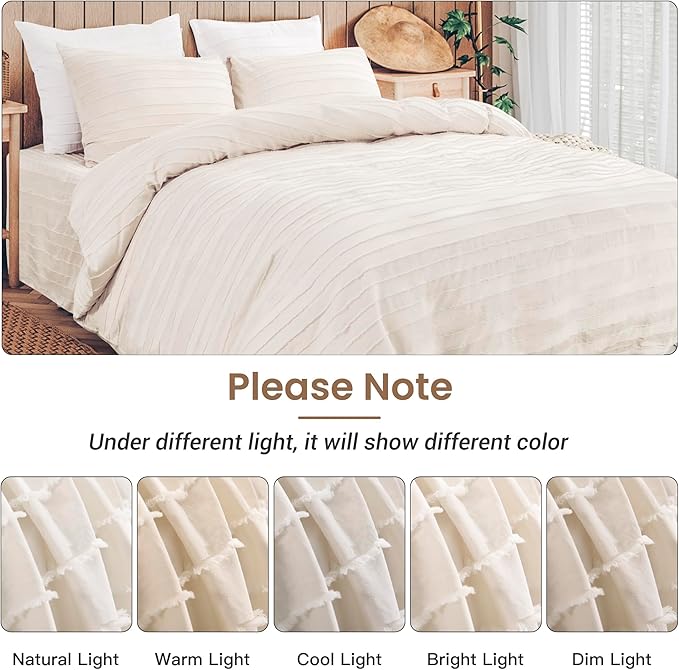 NEXHOME PRO Twin Duvet Cover, Light Khaki 2 Pieces Boho Tufted Twin Size Duvet Cover Set, Soft and Lightweight Microfiber Comforter Cover Set for All Season (Light Khaki, 66 x 90)-No Comforter