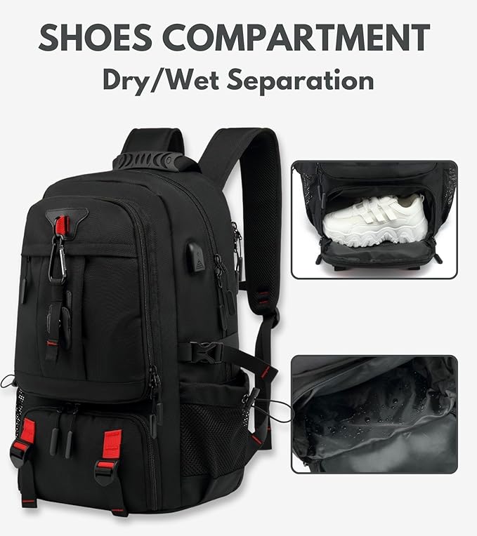 Large Laptop Backpack with Shoe Compartment, Waterproof Rucksack 15.6/17 Inch, Travel School Gym Work College Bags for Men (Black, XL(60L))