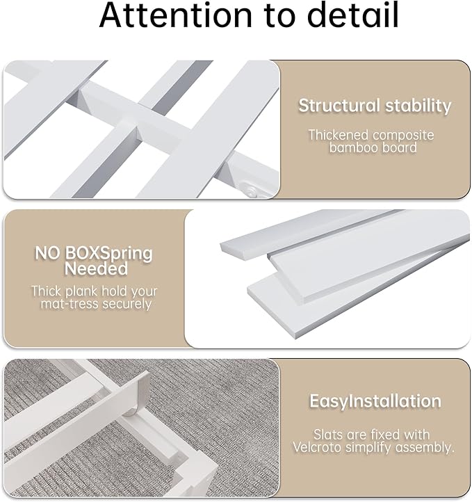 14 Inch Bamboo Bed Frame – Solid Wood Platform Bed Frame, Strong and Stable, with Non-Slip Slats for Support, No Box Spring Needed, Easy to Assemble, Noise-Free (White, Queen with Headboard)