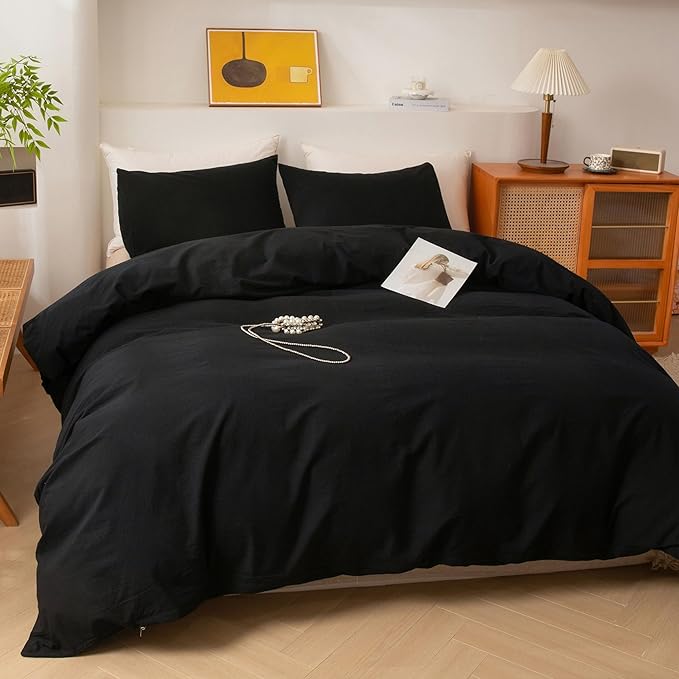 ECOCOTT 3 Pieces Duvet Cover Queen Size 100% Washed Cotton 1 Duvet Cover with Zipper and 2 Pillowcases, Ultra Soft and Easy Care Breathable Cozy Simple Style Bedding Set (Black,Queen)