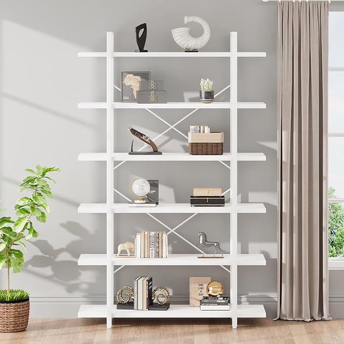 HSH 6 Tier Tall White Bookshelf, Industrial Modern Vertical Metal and Wood White Bookcases 6 Shelf,Farmhouse Open Large Storage Book Shelves & Display Book Shelf for Bedroom Living Room Office