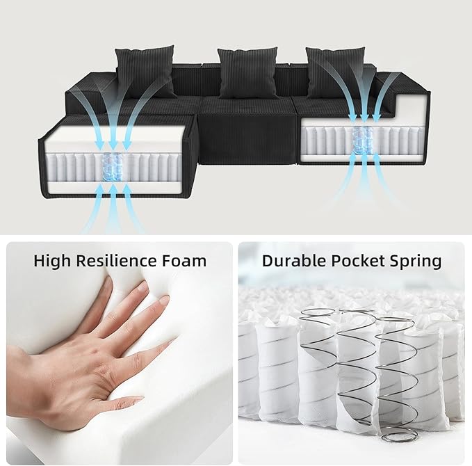 110” Sectional Boneless Couch, 3 Seat Grey Corduroy Convertible Sofa Bed with Pillows, Home Sofa Living Room Bedroom, Memory Foam Modular Couch Daybed Lazy Floor Bed