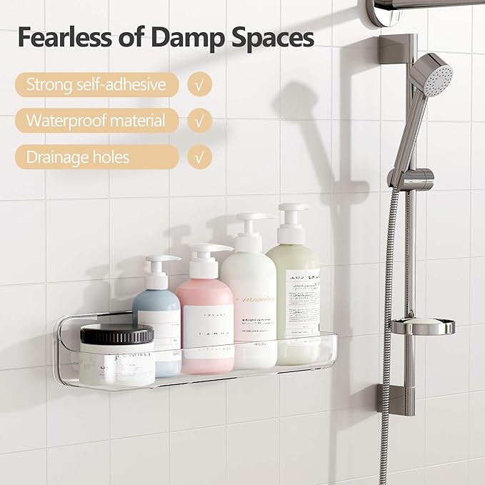 UDD Acrylic Clear Shower Caddy Adhesive Shelf, Plastic Shower Organizer with Self Adhesive Tape, No Drilling Wall Mount Shower Shelves for Bathroom Kitchen, Transparent