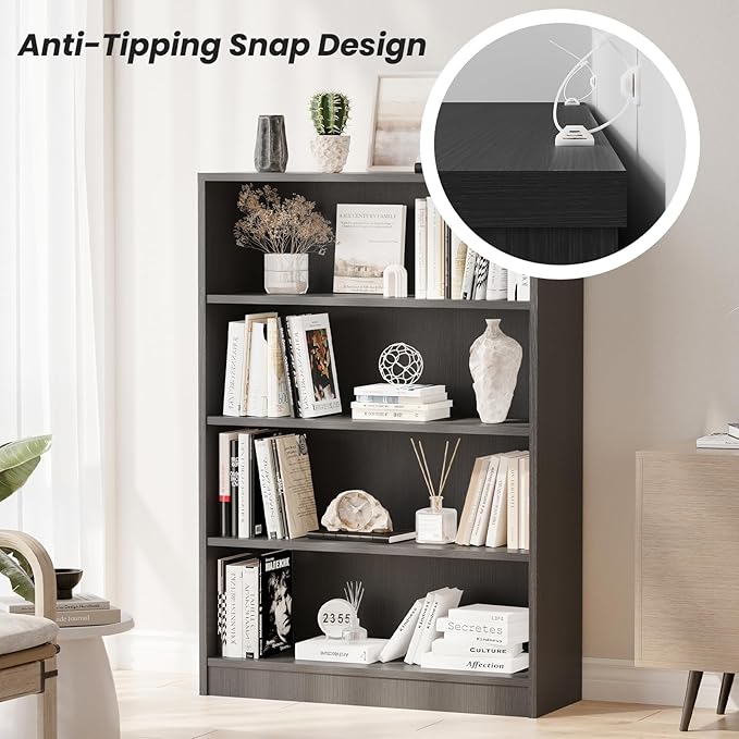 Farini 4 Shelf boockase Display Bookcase Freestanding Wooden Bookshelves for Home Office Living Room,48 Inch Height,Grey