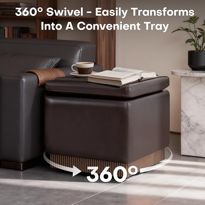 Square Ottoman with Storage,Swivel Vanity Stool-Faux Leather Foot Rest,Upholstered Footstool Pouf with Sturdy Acacia Wood Frame(500lbs),Small Coffee Table & Hidden Storage for Living Room