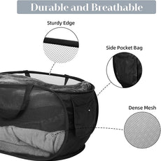 Durable Collapsible Laundry Baskets, Mesh Pop Up Laundry Hamper with Side Pocket, Foldable Clothes Hamper with Reinforced Carry Handles for Laundry, Bathroom, Kids Room, Dorm or Travel 2 Pack Black