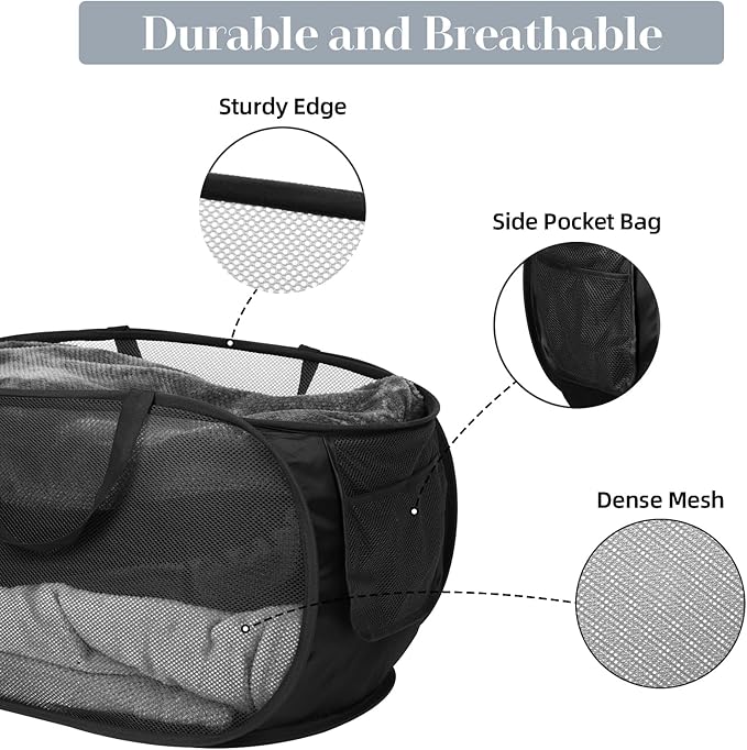 Durable Collapsible Laundry Baskets, Mesh Pop Up Laundry Hamper with Side Pocket, Foldable Clothes Hamper with Reinforced Carry Handles for Laundry, Bathroom, Kids Room, Dorm or Travel 2 Pack Black