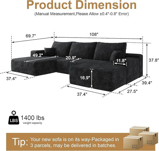 108" Sectional Couches for Living Room Modern Modular Sofa with L-Shape Couchs Upholstered Boneless Couch Deep Seat Sectional Couch with Chaise (Black, Left Facing Chaise+2Seaters+1Ottoman)