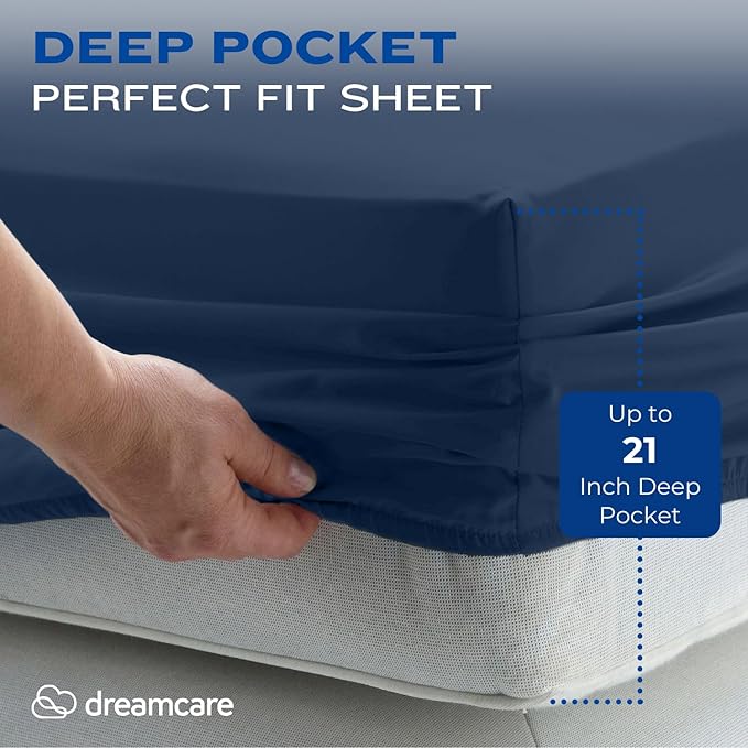 DREAMCARE California King Sheet Sets – 4 pcs Cooling Sheets – up to 21” Deep Cal King Sheets – Hotel Luxury Pillowcases – Superior Softness 100% Fine Microfiber with Side Pocket – Navy Blue DREAMCARE