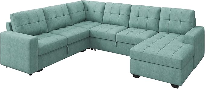 HONBAY Sectional Sleeper Sofa Bed, Sleeper Couch with Pullout Bed, Sectional Couch with Storage Chaise for Living Room, Blue