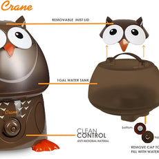 Crane Animal Humidifier for Bedroom, Ultrasonic Cool Mist for Baby Nursery, Adjustable Settings, Auto Shut-Off, Owl