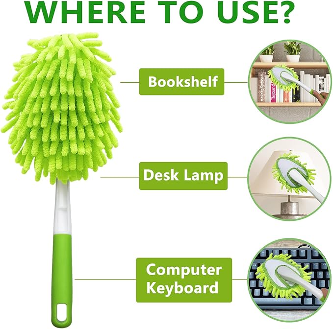 Microfiber Duster for Cleaning, Hand Washable Dusters with 4 pcs Replaceable Microfiber Head,Wet and Dry Use, Detachable Cleaning Supplies for Office, Car, Window, Furniture, Wall