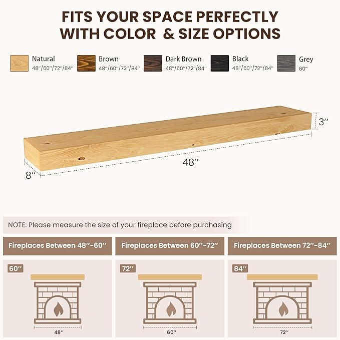 Dreamland Fireplace Mantel - Wall-Mounted Mantles for Over Fireplace - Farmhouse Fireplace Mantle Shelves - Handcrafted Wood Fireplace Mantels - Floating Fireplace Mantel 48 X 8 X 3 - Natural