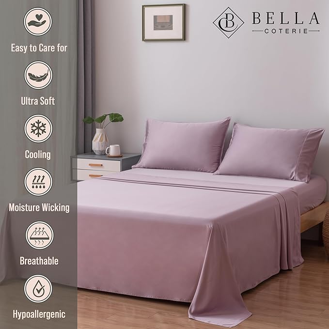 Bella Coterie Luxury Bamboo Viscose King Size Sheet Set | 100% Organically Grown | Ultra Soft | Cooling for Hot Sleepers | 18" Deep Pocket [Lilac] BC