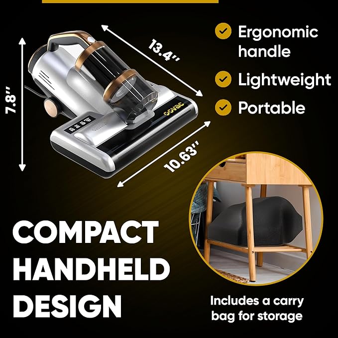Mattress Vacuum BED CLEANER with UV-C LIGHT, 14kPa Suction, DUAL FILTERS & Dual Rollers, Furniture Handheld Vacuum Cleaner Dust Sensor, CORDED HANDHELD VACUUM for SOFA, Fabric & PET HAIR