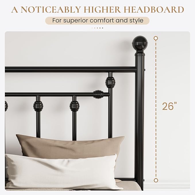 SHA CERLIN 14'' Queen Size Metal Platform Bed Frame/Victorian Headboard and Footboard/Steel Slats Mattress Foundation for Storage/No Box Spring Needed/Noise Free/Black