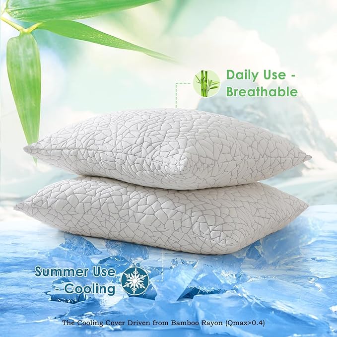 Shredded Memory Foam Pillow for Sleeping, Cooling Bed Pillows King Size Set of 2, Adjustable Soft and Firm Pillows or Side, Back, Stomach Sleepers with Washable Removable Bed Pillow Cover