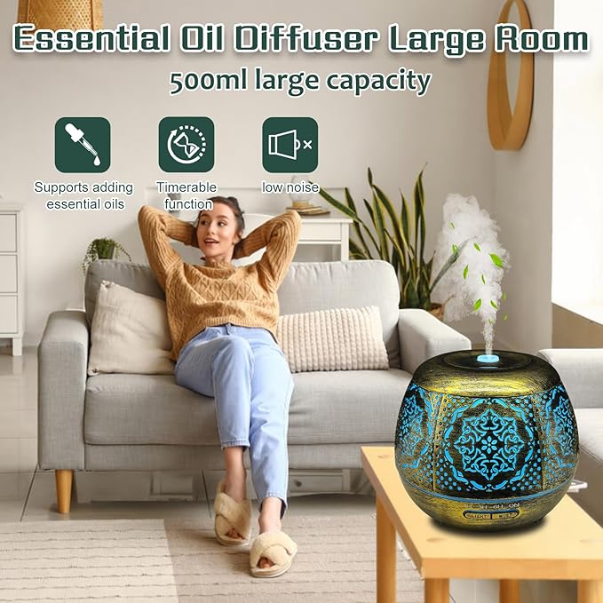 Essential Oil Diffuser for Home 500ML, Aromatherapy Diffusers for Essential Oils Large Room with Cool Mist Humidifiers for Bedroom 7 Colors Changed & 3 Mist Mode Automatic Shut-Off