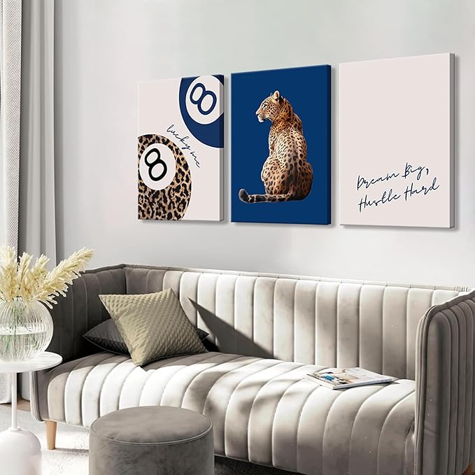 Navy Blue 3 Pcs Leopard Print Canvas Wall Art Cheetah animal prints 8 Ball Lucky Me pictures Trendy Wall decor Y2k aesthetics painting artwork for Apartment Dormitory College Decoration 12x16in