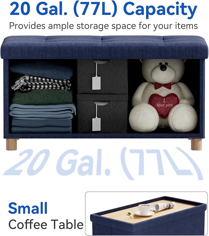 BRIAN & DANY 30 Inches Folding Storage Ottoman Bench, Ottoman with Storage Bench for Bedroom, Living Room, Entryway, Foot Rest with Legs, Blue