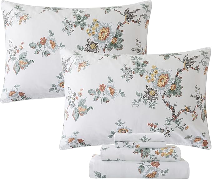 FADFAY Elegant Floral Bed Sheet Set - Cal King Size, Shabby Beige Bird Print, 100% Cotton Soft Bedding with Deep Pocket Fitted Sheet, 4Pcs