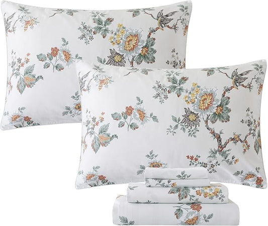 FADFAY Elegant Floral Bedding Set - Shabby Beige Bird Print Flower Sheet Set, Vintage Farmhouse Style, 100% Cotton Ultra Soft Bed Sheet with Deep Pocket Fitted Sheet, Queen Size, 4Pcs