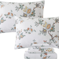 FADFAY Elegant Floral Bedding Shabby Beige Bird Print Flower Bed Sheet Set Vintage Farmhouse 100% Cotton Ultra Soft Girls Bedding with Deep Pocket Fitted Sheet 4Pcs, Twin Size