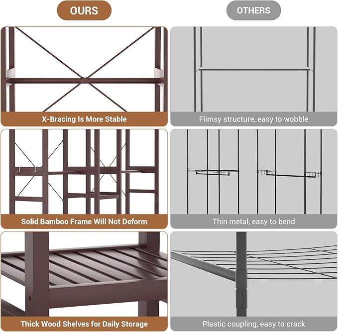 Homykic Bamboo Closet System Clothes Rack, Large Freestanding Garment Rack Clothing Rack for Hanging Clothes with 7 Storage Shelves and 5 Rods, Open Wardrobe Organizer with 4 Hooks, Espresso