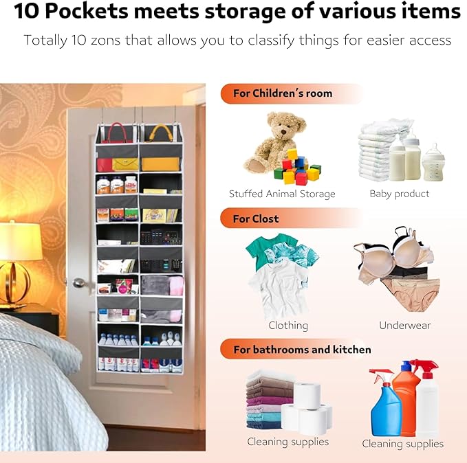 2 Pack Over the Door Organizer 5 Tiers, Extra Large Behind Door Storage of 10 Compartments, 80 lbs Weight Capacity Over Door Organizer, Door Hanging Organizer for Closet, Diaper Organizer,Room storage
