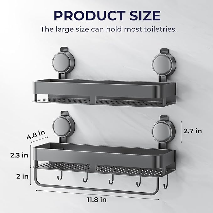 ONXE Shower Caddy Suction Cup,2 Pack Extra-Strong Suction Shower Shelves,No Drilling Rustproof Organizer for Bathroom,Kitchen,Home Decor,Reusable Bathroom Storage with Large Capacity(11.8 inch)