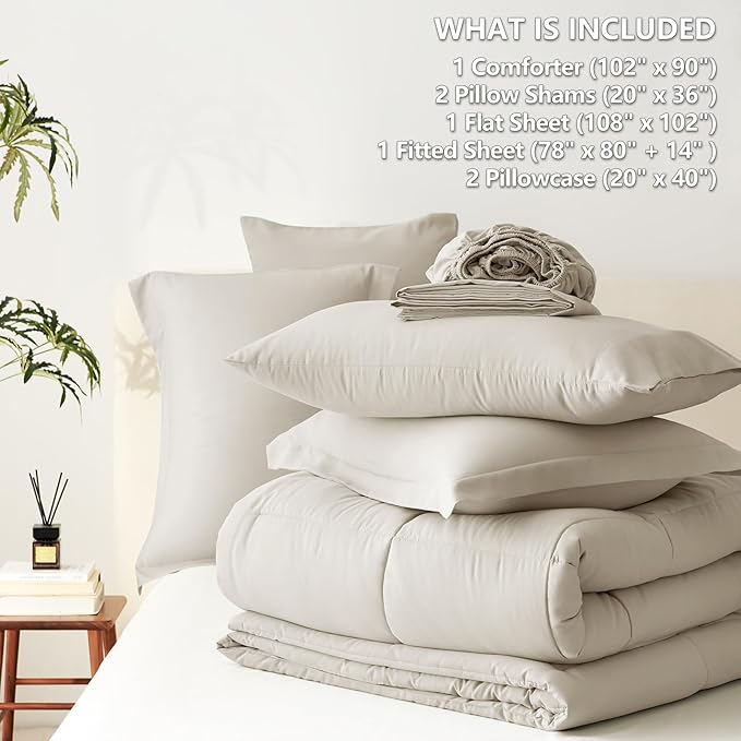 CozyLux King Size Comforter Set Oatmeal - 7 Pieces Bed in a Bag King, Okeo-Tex Certifited Bedding Set, All Season Soft Bed Set with Down Alternative Comforter, Sheets, Pillowcases & Pillow Shams