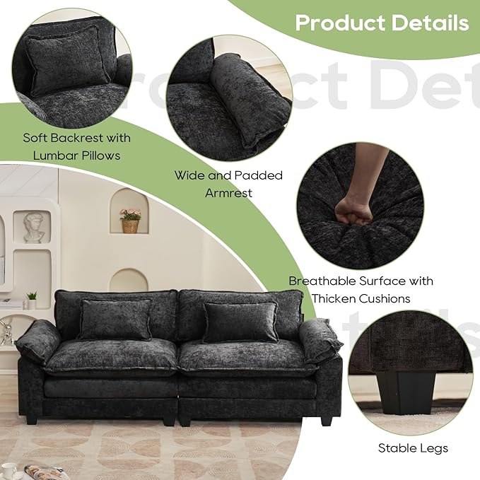 86" Modular Sectional Sofa, Comfy Cloud Couch Sectional Sofa with Ottoman, Chenille Sofa Sleeper Deep Seat Sofa with Throw Pillows for Living Room (Black, 86"- Loveseat)