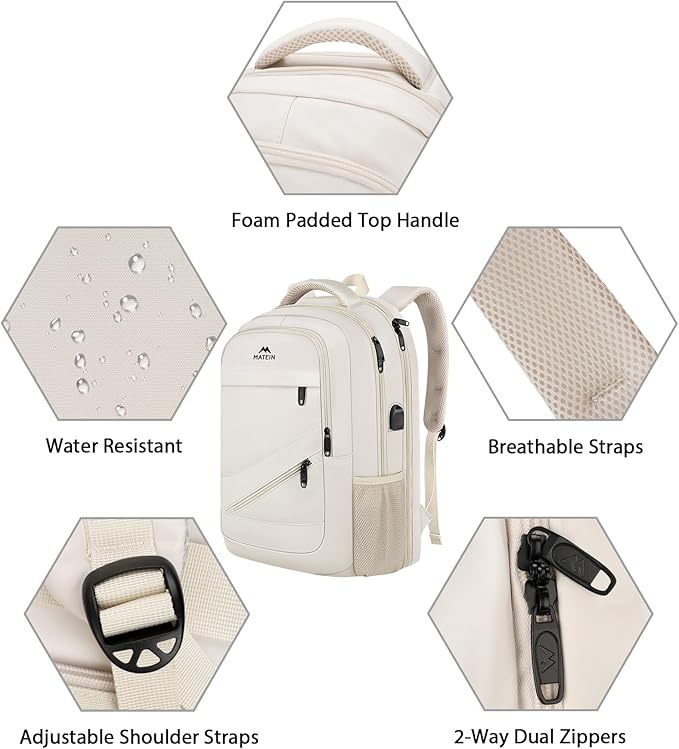 MATEIN Laptop Backpack Women Large Capacity, Travel Backpack TSA Approved with Luggage Strap & USB Port, Water Resistant Teacher College Bookbag Fits 17 Inch Computer, Stylish Beige Work Daypack