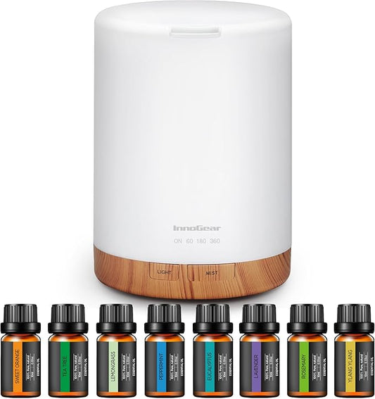 InnoGear Aromatherapy Diffuser & 8 Essential Oils Set, 300ml Premium 5-in-1 Ultrasonic Essential Oil Diffusers Scent Humidifier Aroma Diffuser Vaporizer Auto-Off Timer for Room Office Home, Yellow