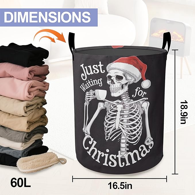 Christmas Laundry Basket-Funny Skeleton Large Foldable Hamper Holder Portable Tall Collapsible Laundry Hamper Storage Basket Bin with Handles, Canvas & Waterproof lining for Household Items