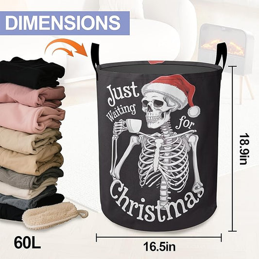 Christmas Laundry Basket-Funny Skeleton Large Foldable Hamper Holder Portable Tall Collapsible Laundry Hamper Storage Basket Bin with Handles, Canvas & Waterproof lining for Household Items