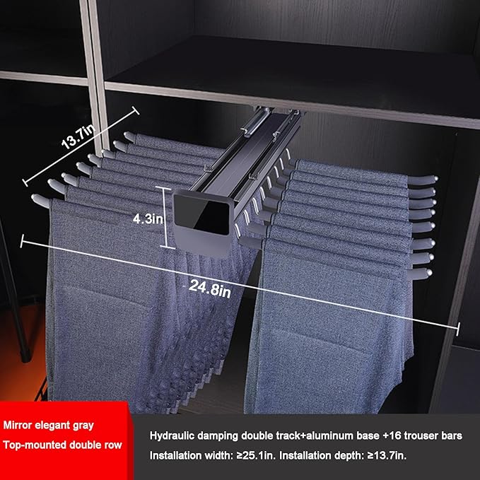 Pull Out Pants Rack16 Arms Steel Slid Pant Rack Pull Out Trousers Rack Pants Hanger Bar Clothes Organizers Load 35lbs Sizes L 13.77in, h 4.33 in w 24.8in