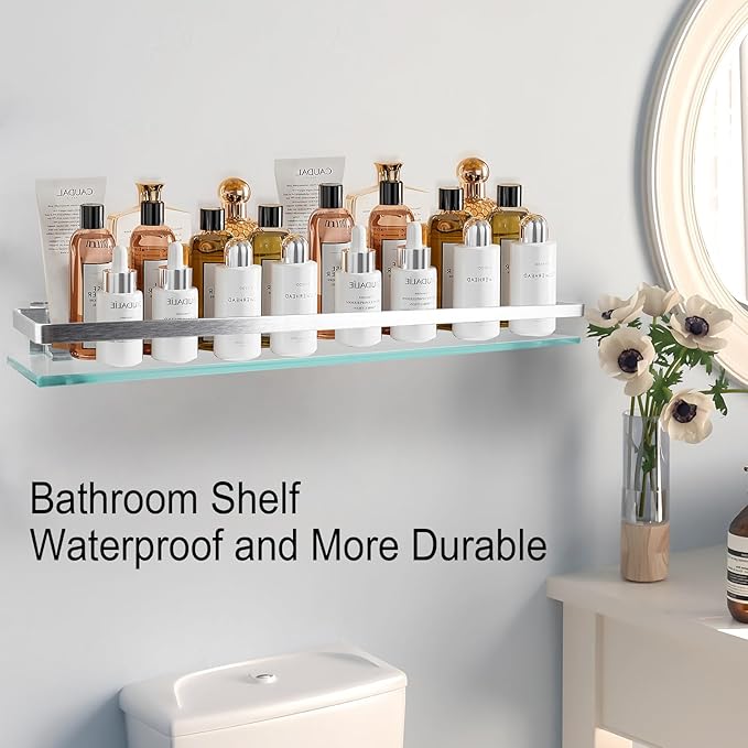 Bathroom Shelf Glass Shelves 23-Inch Floating Tempered Glass Shelf Rectangular Aluminum Wall Mounted Silver Polished Shelves for Kitchen Organizers