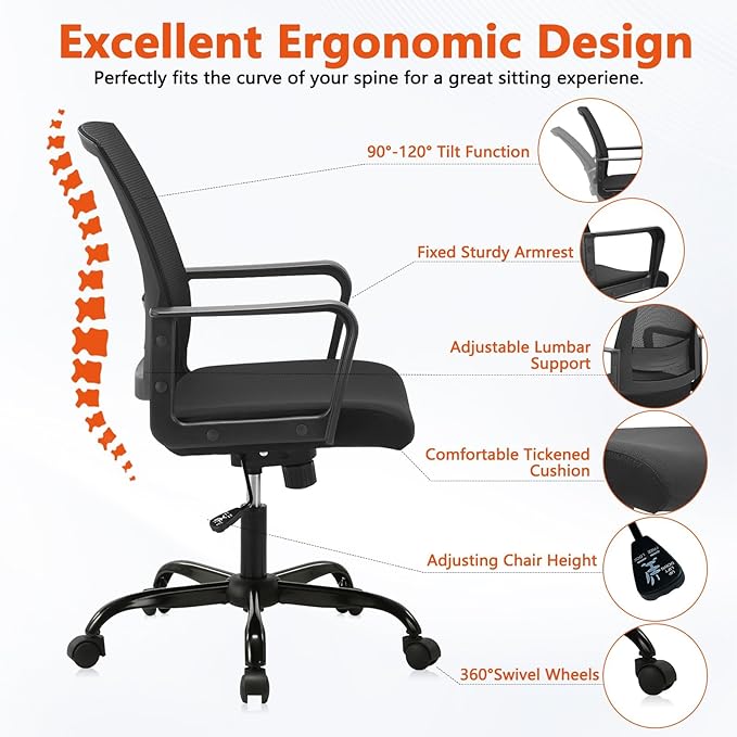 CLATINA Ergonomic Rolling Mesh Desk Chair with Executive Lumbar Support and Adjustable Swivel Design for Home Office Computer Black 12 Pack