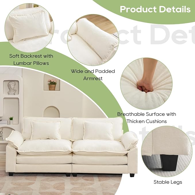 86" Modular Sectional Sofa, Comfy Cloud Couch Sectional Sofa, Chenille Sofa Sleeper Deep Seat Sofa with Throw Pillows for Living Room (Beige White, 86"- Loveseat)