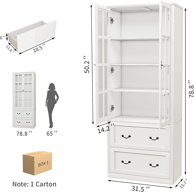 78.8" Tall Bookcase Display Storage Cabinet Hutch with Glass Doors & Drawers - Curio Display Bookshelf Kitchen Pantry for Home, Kitchen, Living Room.