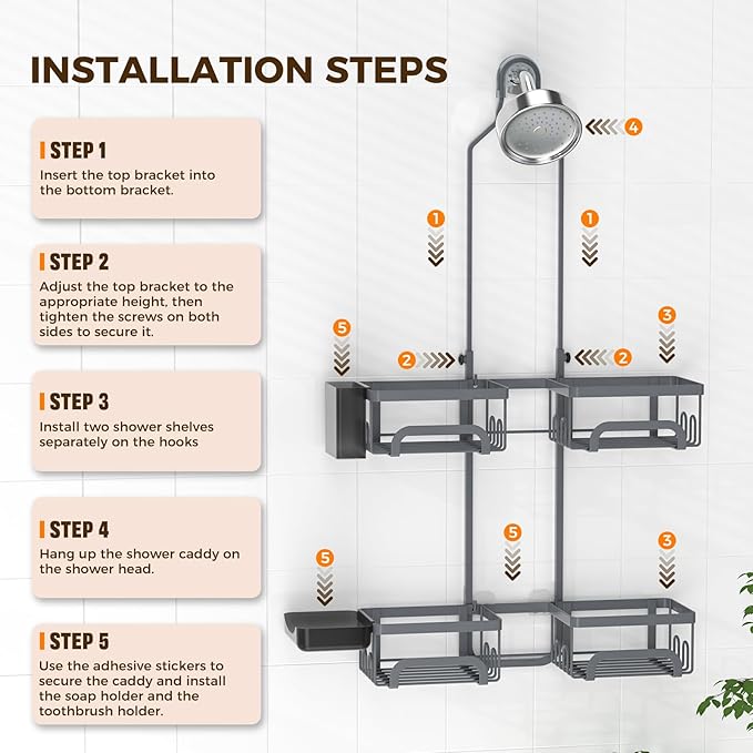 REINHARDT Adjustable Shower Caddy Hanging Split Shower Caddy for Handheld Showerheads, Rustproof Shower Organizer with Hooks for Razors Over the Head Caddy with Soap Holder Bathroom Accessories, Grey