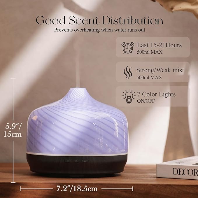 Porseme 500ml Glass Essential Oil Diffuser Aromatherapy Ultrasonic Cool Mist Humidifier 15-21 Running Hours Waterless Auto-Off Air Diffusers for Sleeping Yoga Office Working Spa and Rest (Pure Purple)