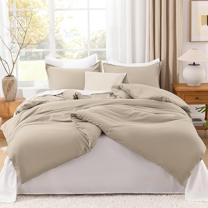 Litanika Comforter Set, Lightweight Solid Bedding Comforter Set, Fluffy Down Alternative Bed Set, Khaki, Oversized Queen