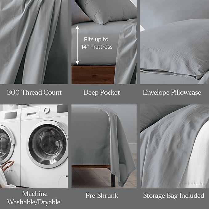 Ella Jayne Cotton Percale Sheets California King (4 Pieces) Permium 100% Cotton Percale TC300, Hotel Luxury Collection, Deep Pockets and Cooling California King Percale Sheets (Charcoal)
