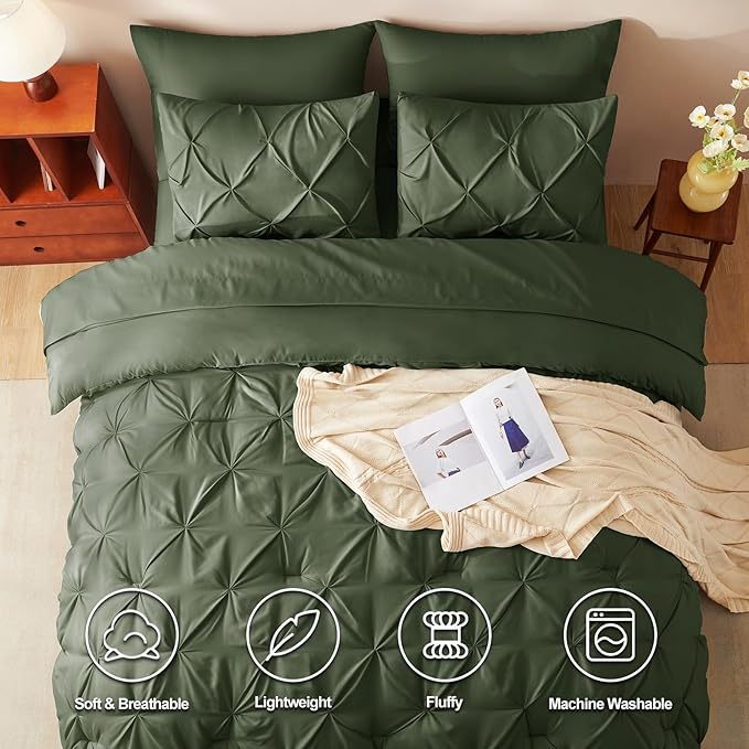 CozyLux King Size Comforter Set Olive Green, 7 Pieces Pintuck Bed in A Bag Green Comforter King Size, Pinch Pleat Bedding Set with All Season Comforter, Sheets, Pillowcases & Shams