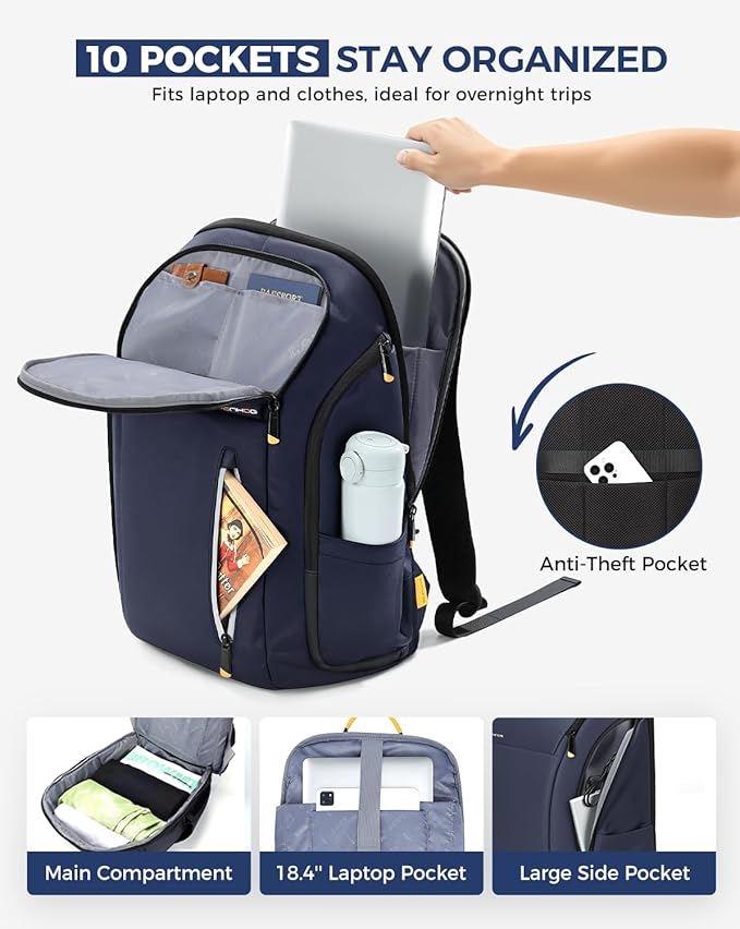 18 Inch Laptop Backpack for Men, Business Travel Anti-Theft Backpack with USB Charging Port, Water Resistant Computer Bag Carry On Flight Approved for Work College Weekender, Blue
