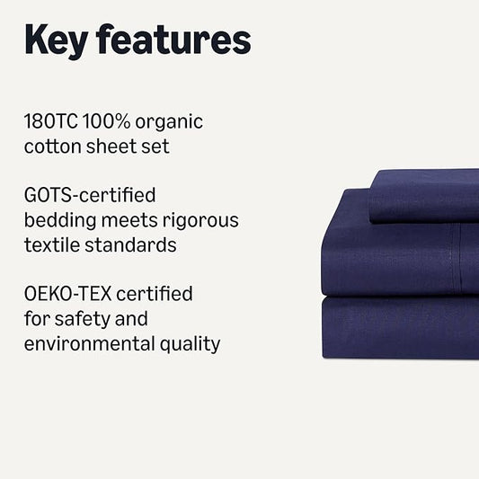 Amazon Basics Organic Cotton Sheet Set with 1-Piece Pillowcase, Navy Blue, Twin XL