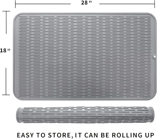Silicone Dish Drying Mat for Multiple Usage,Easy clean,Eco-friendly,Heat-resistant Silicone Mat for Kitchen Counter or Sink,Refrigerator or Drawer Liner Grey 3XL 28 inches x 18 inches