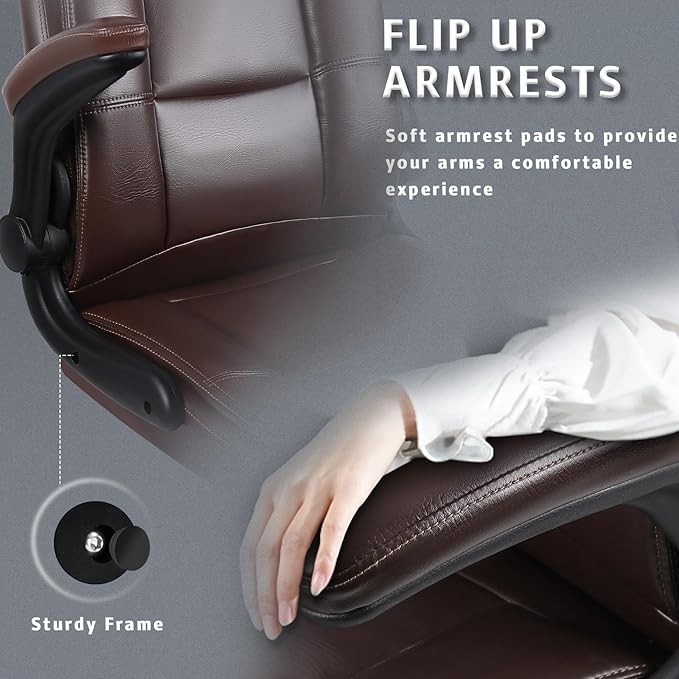 LEMBERI Flip-up Arms Office Desk Chair Big and Tall Managerial Executive Chair, High Back Computer Chair Ergonomic Adjustable Height PU Leather Chairs with Armrest for Long Time Sitting
